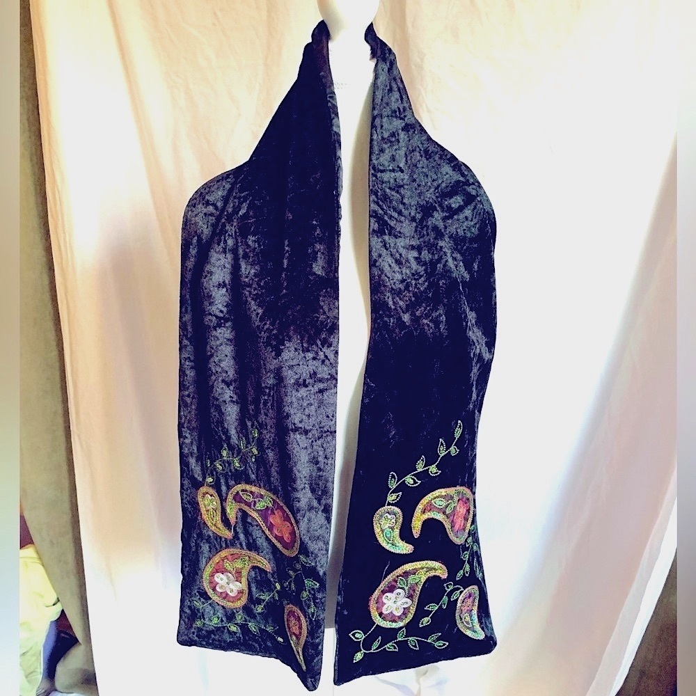 Embroidered Sequinned Black Velvet Scarf‎ Satin BOHO Fall Luxurious Money